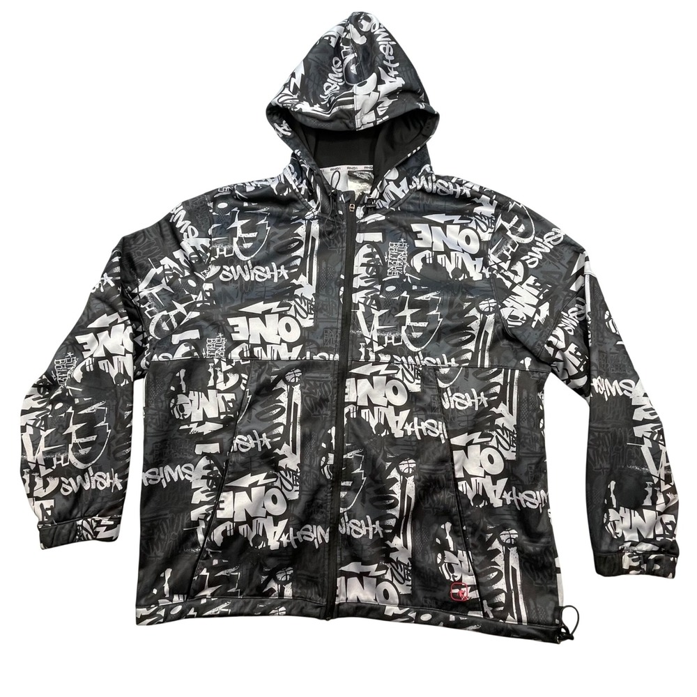 AND1 Black Graffiti Print Full Zip Basketball Hoodie Jacket Mens 3XL